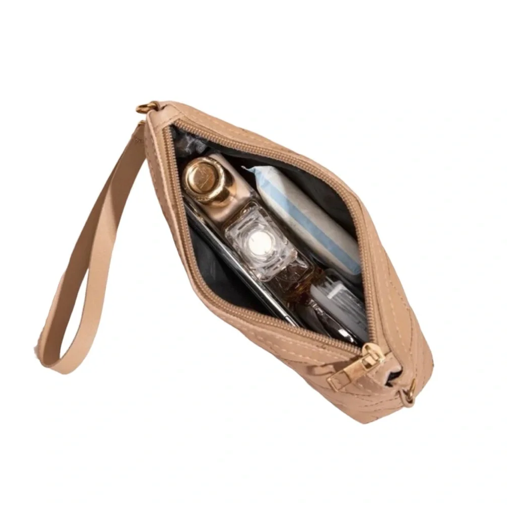 Khaki Quilted Crossbody Purse with Removable Gold Chain